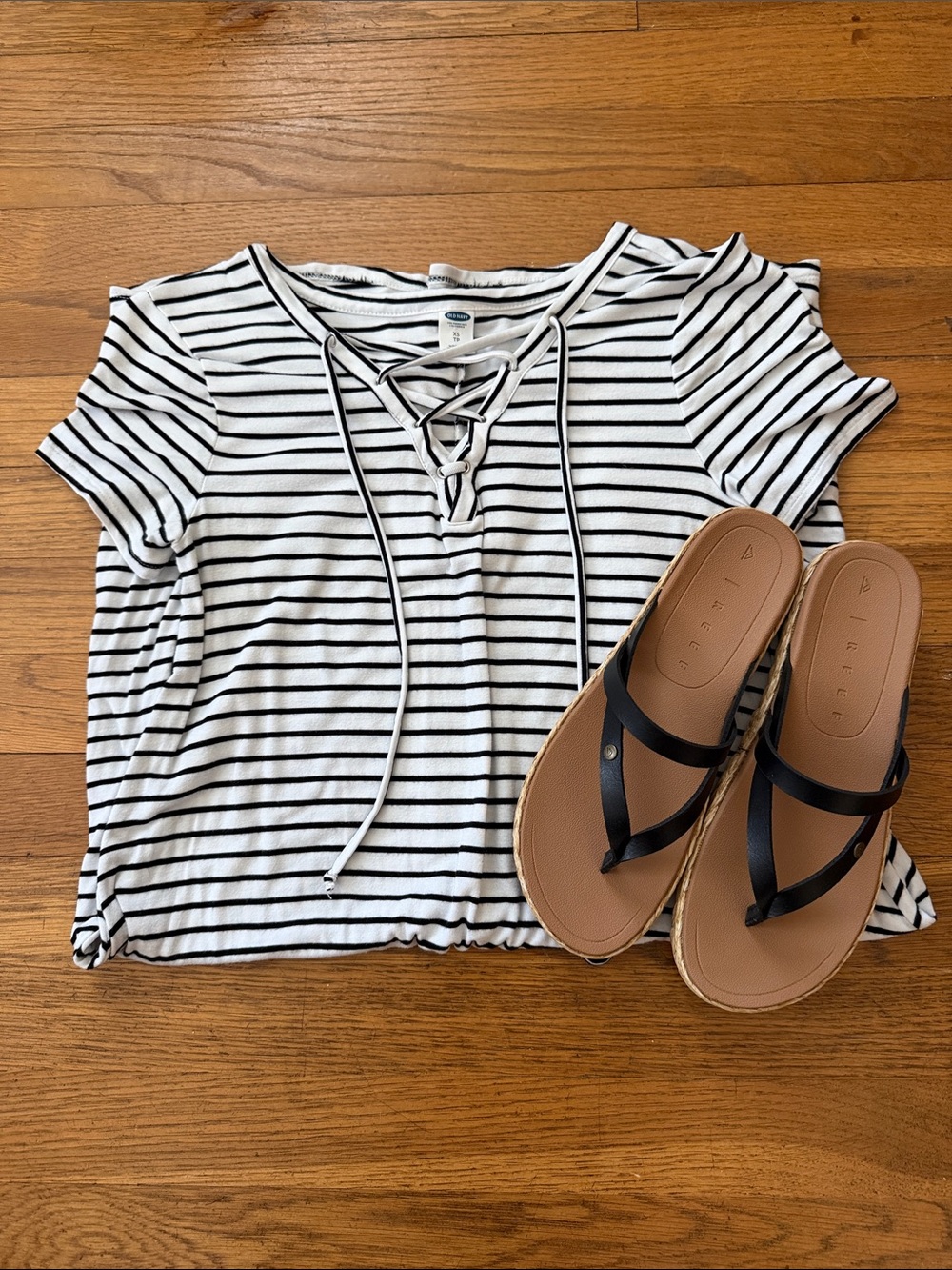 ⚓️ Old Navy black/white striped swing dress with lace up tie. Size XS.